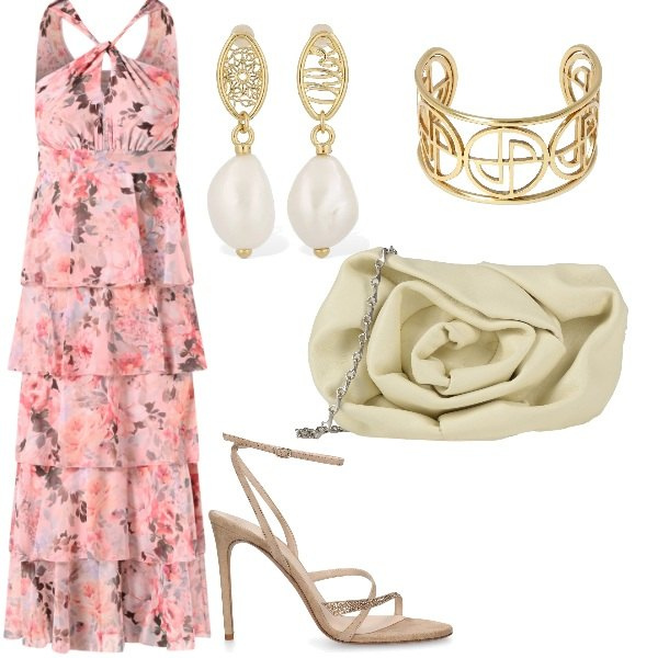 Outfit donna - Matrimonio in vista. Stile Glamour per Cerimonia. Abbinamento con borse a tracolla, vestiti lunghi, sandali in pelle, orecchini, braccialetti.