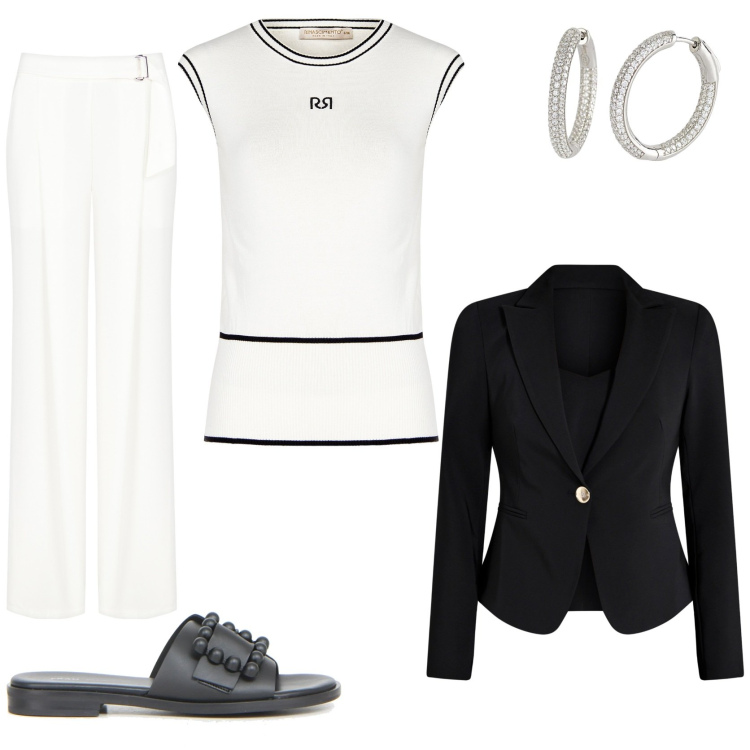 Outfit donna - Il basic sofisticato. Stile Basic per Tutti i giorni. Abbinamento con orecchini, blazer, pantaloni, top, ciabatte.
