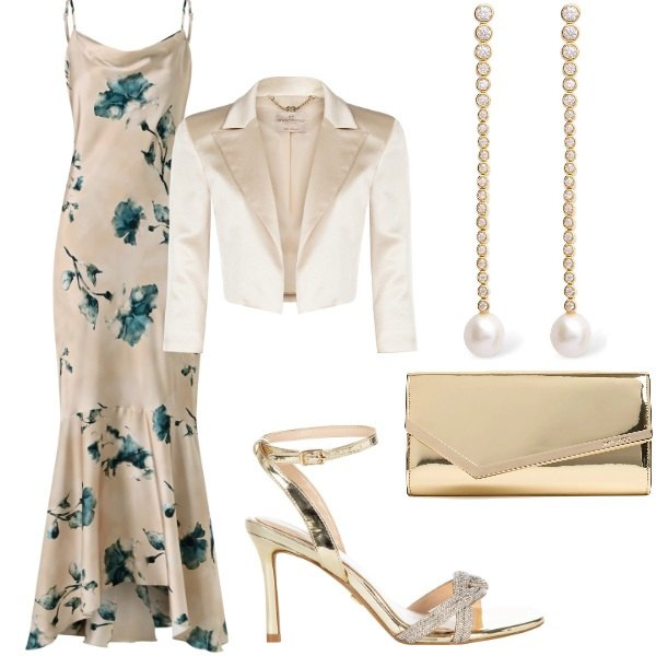Outfit donna - La testimone dello sposo. Stile Glamour per Cerimonia. Abbinamento con vestiti lunghi, bolero, sandali col tacco, pochette, orecchini.