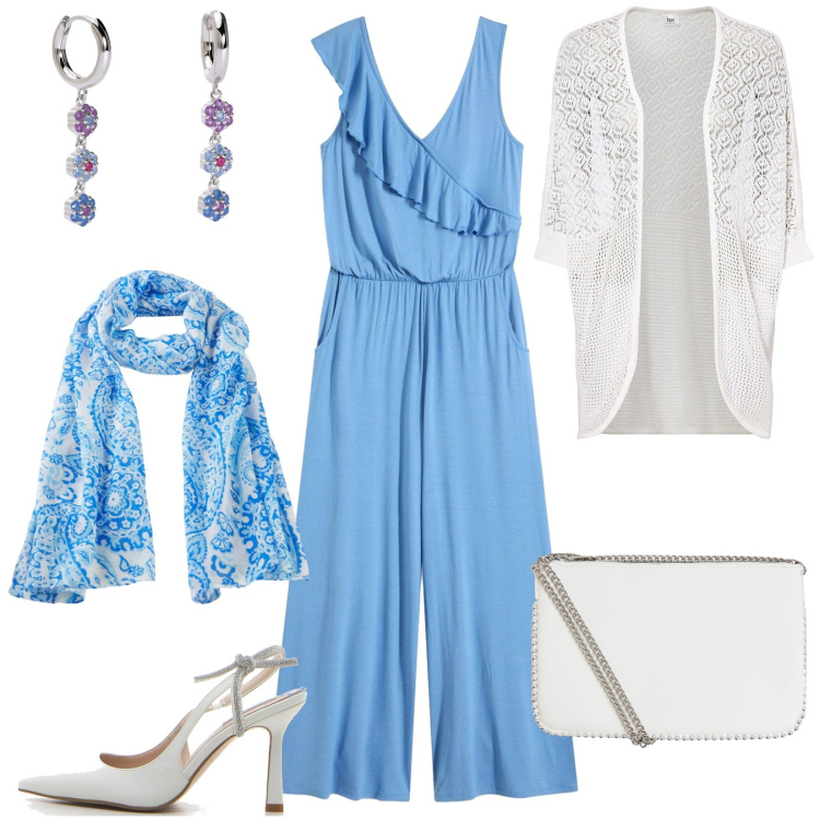 Outfit donna - Jumpsuit per il matrimonio di giugno. Stile Chic per Cerimonia. Abbinamento con cardigans, sciarpe, tute, borse a tracolla, orecchini, décolleté.