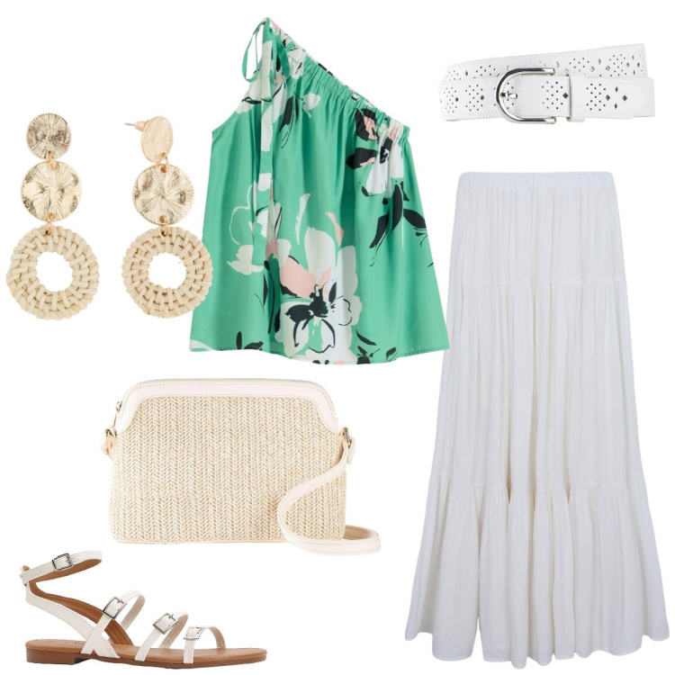 Outfit donna - In vacanza. Stile Boho per Tutti i giorni. Abbinamento con borse a tracolla, sandali, orecchini, cinture, top, gonne lunghe.