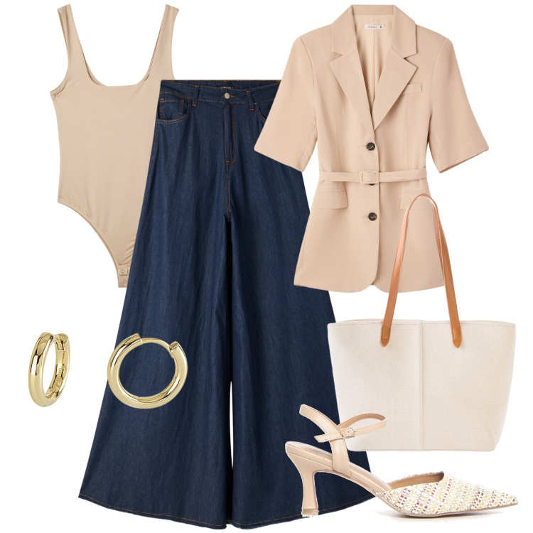 Outfit donna - Fuori casa da mattina a sera. Stile Casual chic per Tutti i giorni. Abbinamento con shopping bag, blazer, jeans, body, orecchini, sandali col tacco.