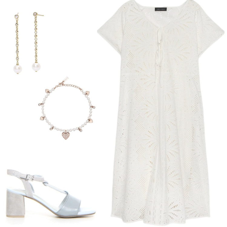 Outfit donna - Bianco curvy. Stile Boho per Serata fuori. Abbinamento con orecchini, braccialetti, vestiti lunghi, sandali col tacco.