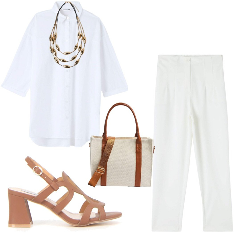 Outfit donna - Bianco curvy. Stile Casual chic per Ufficio. Abbinamento con pantaloni chino, camicie, shopping bag, sandali col tacco, collane.