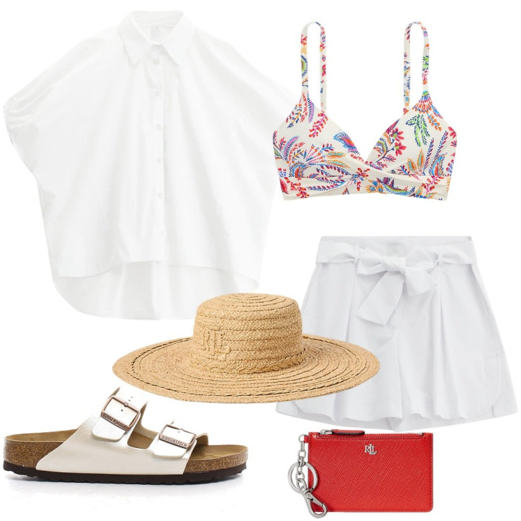 Outfit donna - Primo giorno di mare. Stile Casual chic per Mare. Abbinamento con camicie a manica corta, shorts, portafogli, cappelli, bikini, ciabatte.