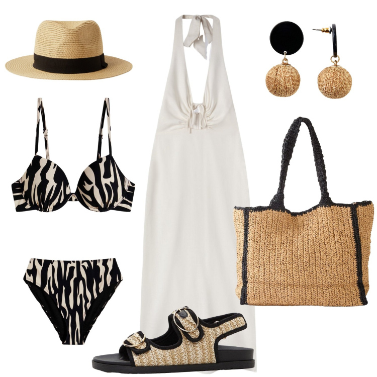 Outfit donna - Sapore di mare. Stile Chic per Mare. Abbinamento con bikini, shopping bag, sandali, orecchini, vestiti lunghi, cappelli.