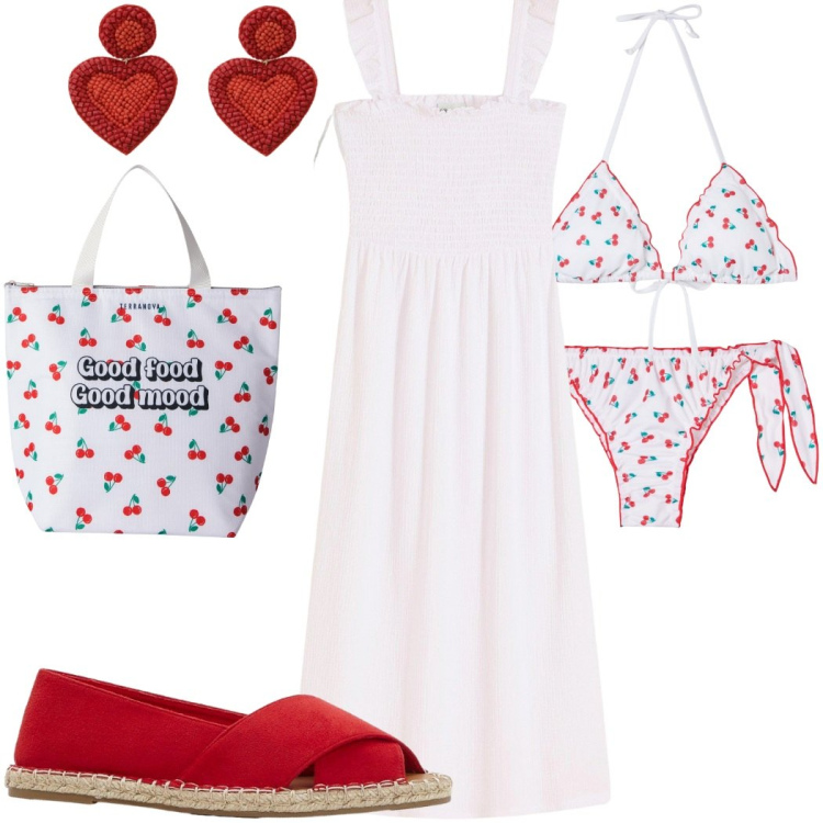 Outfit donna - Primo giorno di mare. Stile Casual chic per Mare. Abbinamento con espadrillas, vestiti, bikini, bikini, borse tote, orecchini.