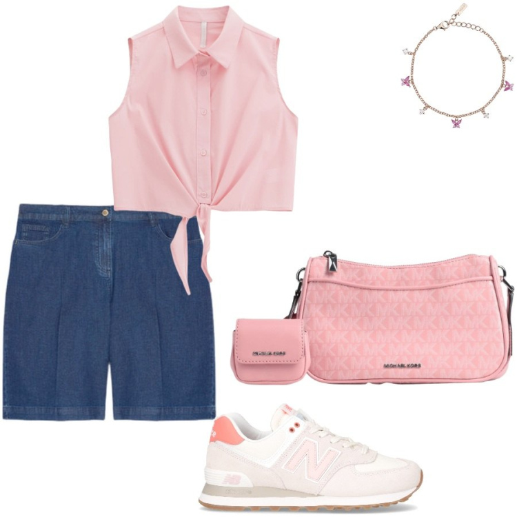 Outfit donna - Colazione fuori. Stile Casual per Tutti i giorni. Abbinamento con borse a tracolla, braccialetti, camicie, shorts, sneakers.