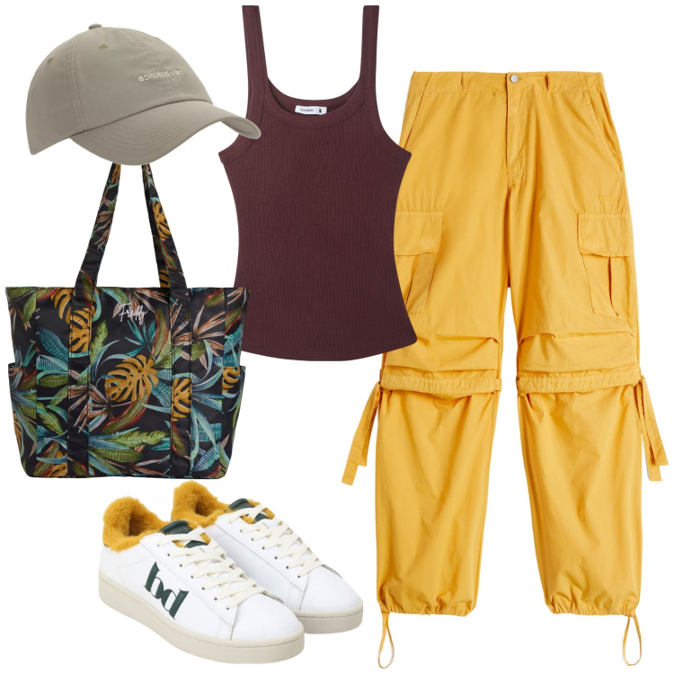 Outfit donna - Cargo d\'estate. Stile Casual per Tutti i giorni. Abbinamento con canottiere, cappelli, sneakers, pantaloni cargo, shopping bag.