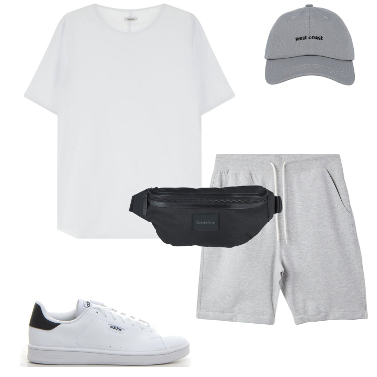 Outfit uomo - Corsa nel parco. Stile Casual per Sport. Abbinamento con borse sportive, pantaloni corti, cappelli con visiera, t-shirt, sneakers.