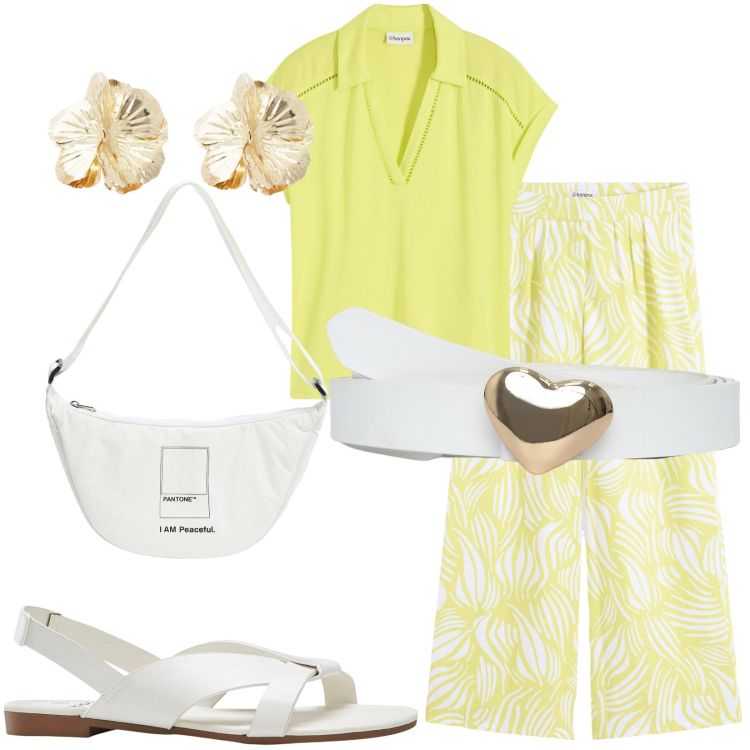 Outfit donna - Total look #2190974. Stile Casual per Tutti i giorni. Abbinamento con sandali, pantaloni a palazzo, polo, cinture, marsupi, orecchini.