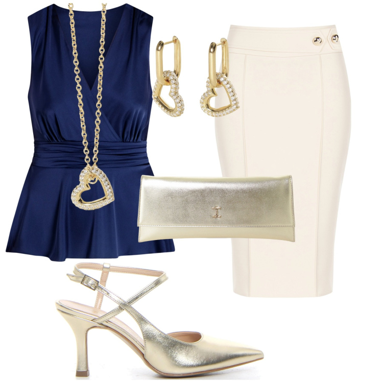 Outfit donna - Battesimo. Stile Chic per Cerimonia. Abbinamento con pochette, collane, orecchini, gonne longuette, top, sandali col tacco.