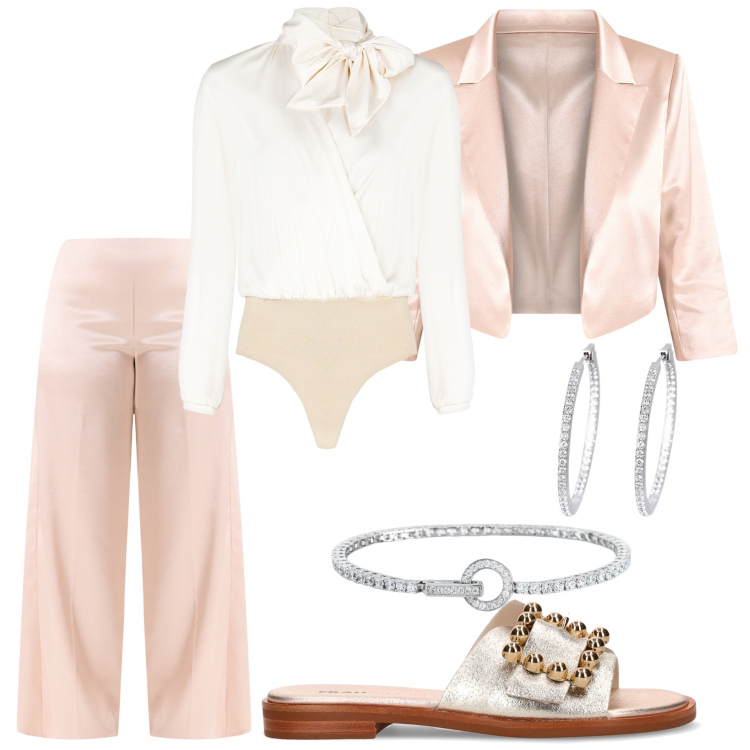 Outfit donna - Bianco scintillante. Stile Bon Ton per Serata fuori. Abbinamento con orecchini, braccialetti, body, blazer, pantaloni a palazzo, ciabatte.