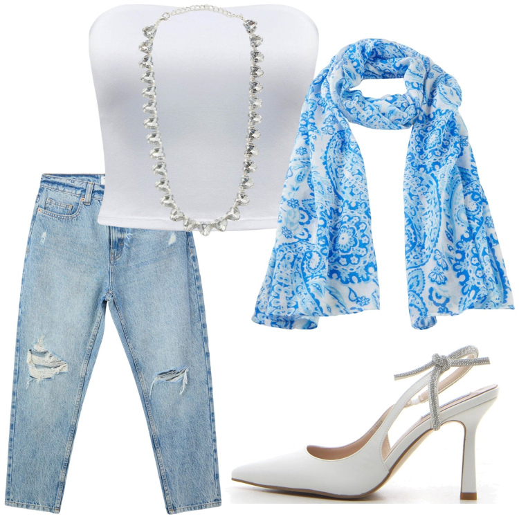 Outfit donna - Aperitivo in centro. Stile Urban per Serata fuori. Abbinamento con sciarpe, jeans mom, collane, top, décolleté.
