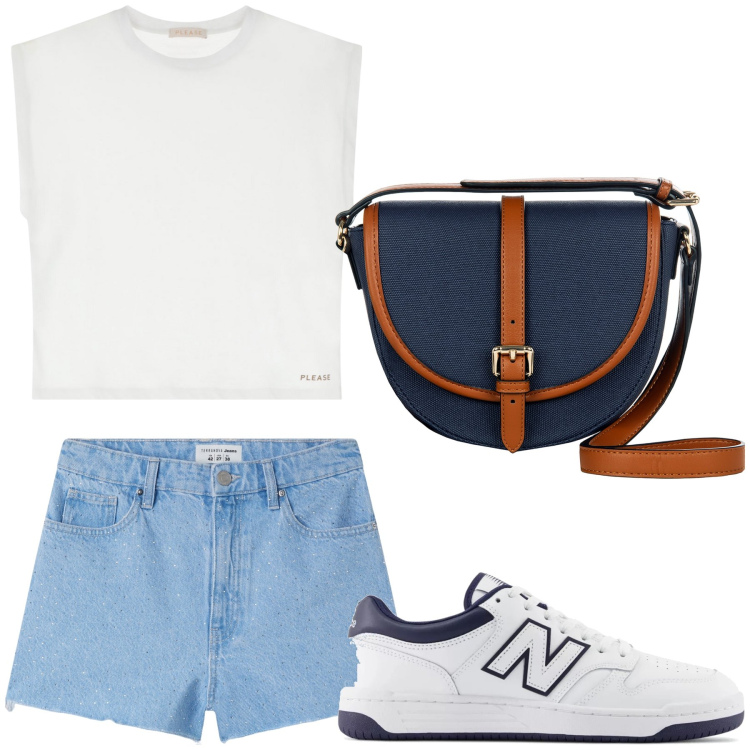 Outfit donna - Aperitivo. Stile Trendy per Tutti i giorni. Abbinamento con shorts, sneakers, borse a tracolla, t-shirt.