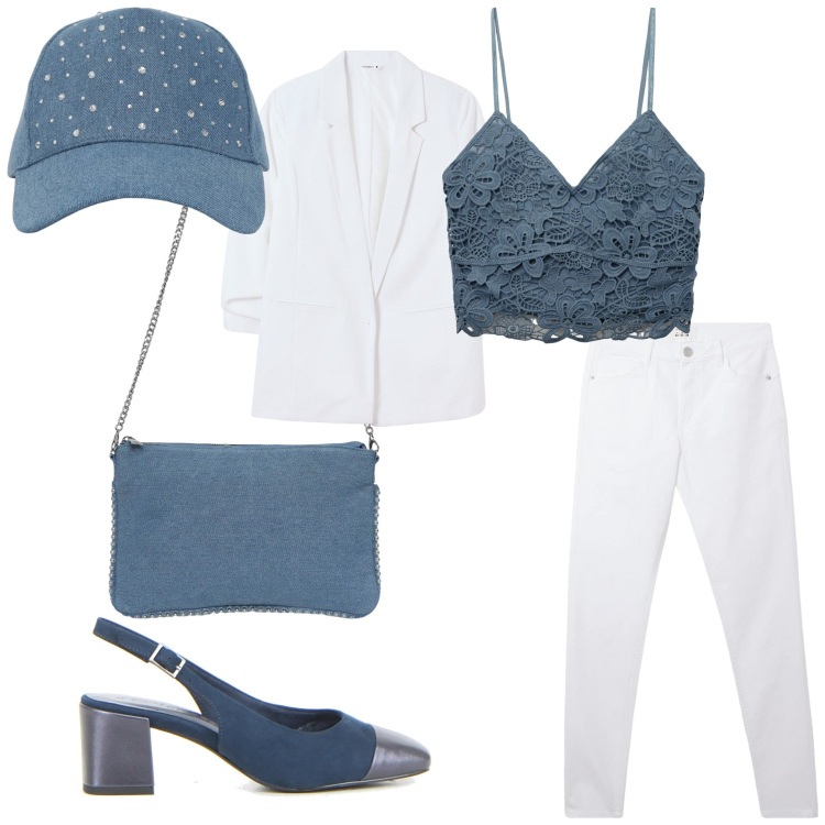 Outfit donna - Blu jeans. Stile Casual per Ufficio. Abbinamento con borse a tracolla, blazer, cappelli, top, pantaloni, décolleté.