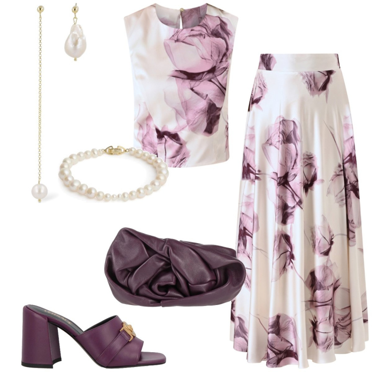 Outfit donna - Fiori viola. Stile Chic per Cerimonia. Abbinamento con borse a mano, sandali in pelle, gonne lunghe, top, braccialetti, orecchini.