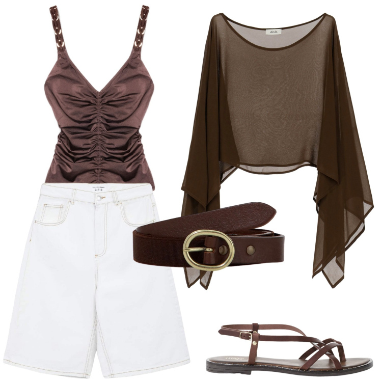 Outfit donna - Sera al mare. Stile Casual chic per Mare. Abbinamento con bermuda, camicie, cinture, sandali, costumi interi.