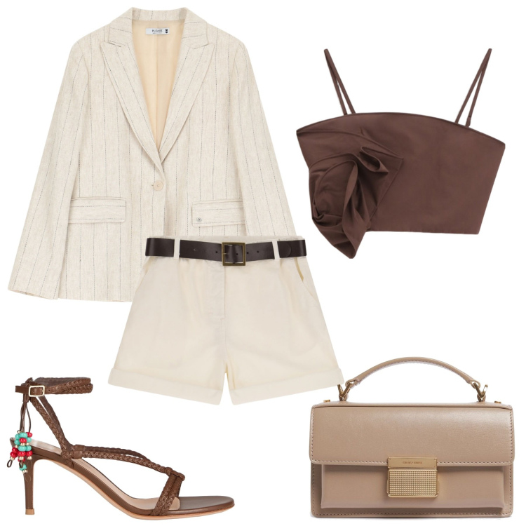 Outfit donna - Casual chic. Stile Casual chic per Tutti i giorni. Abbinamento con sandali gioiello, shorts, blazer, top, borse a mano.