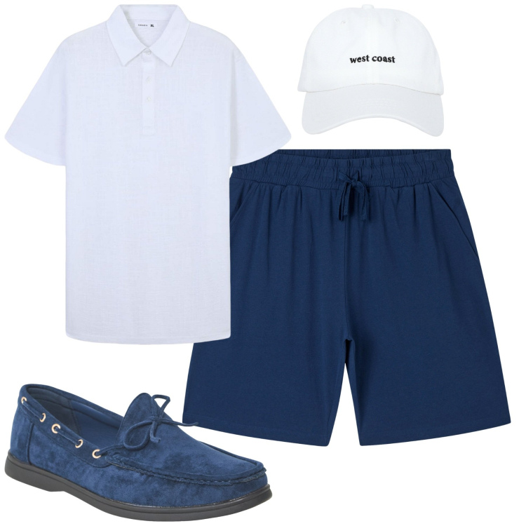 Outfit uomo - Terranova. Stile Casual per Tutti i giorni. Abbinamento con scarpe stringate, cappelli, polo, pantaloni corti.