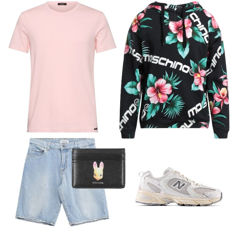 Outfit uomo - Total look #2191026. Stile Trendy per Tutti i giorni. Abbinamento con felpe con cappuccio, portafogli, sneakers, bermuda, t-shirt.