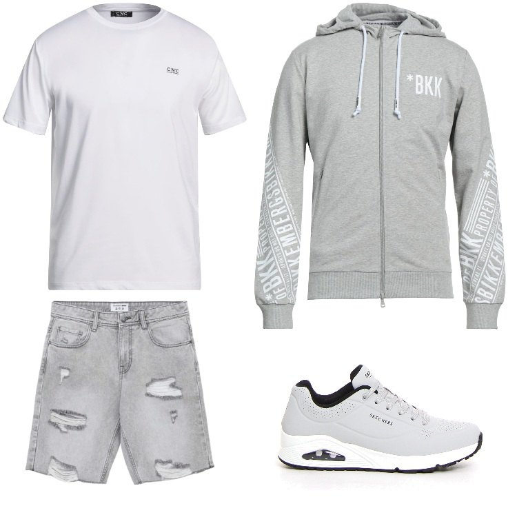 Outfit uomo - Total look #2191027. Stile Trendy per Tutti i giorni. Abbinamento con t-shirt, felpe con cappuccio, pantaloni corti, sneakers.