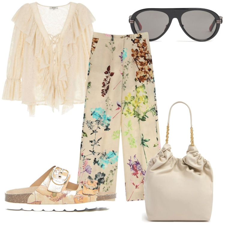 Outfit donna - Total look #2191029. Stile Romantica per Tutti i giorni. Abbinamento con pantaloni a palazzo, camicie, occhiali da sole, ciabatte, borse tote.