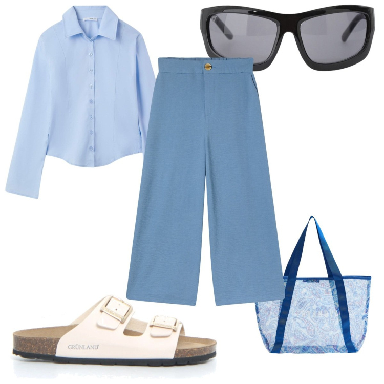 Outfit donna - Total look #2191030. Stile Trendy per Tutti i giorni. Abbinamento con pantaloni a palazzo, camicie, shopping bag, occhiali da sole, ciabatte.