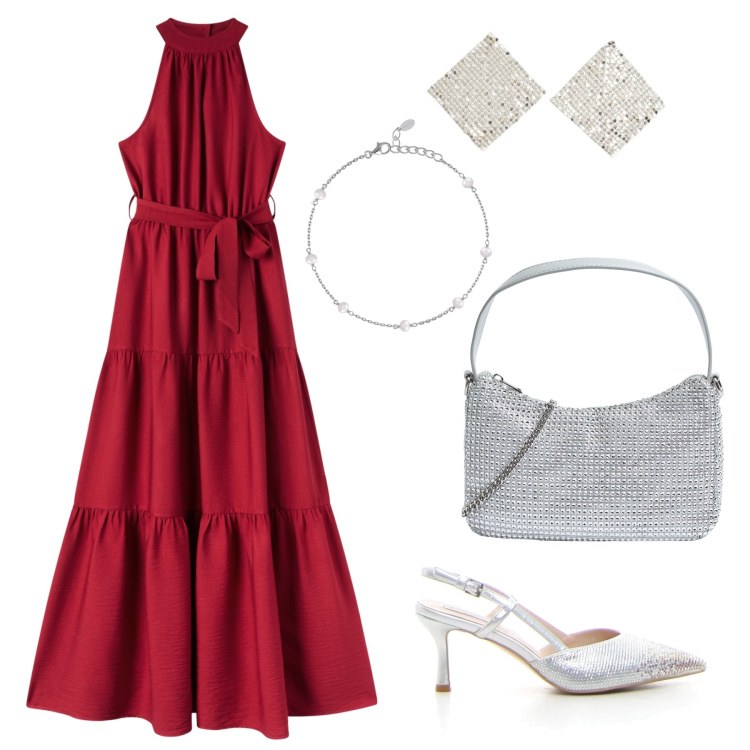 Outfit donna - Tocco di luce. Stile Casual chic per Cerimonia. Abbinamento con borse a tracolla, orecchini, vestiti lunghi, braccialetti, décolleté.