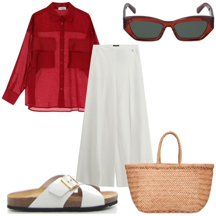 Outfit donna - Total look #2191036. Stile Trendy per Tutti i giorni. Abbinamento con pantaloni a palazzo, camicie, ciabatte, occhiali da sole, shopping bag.