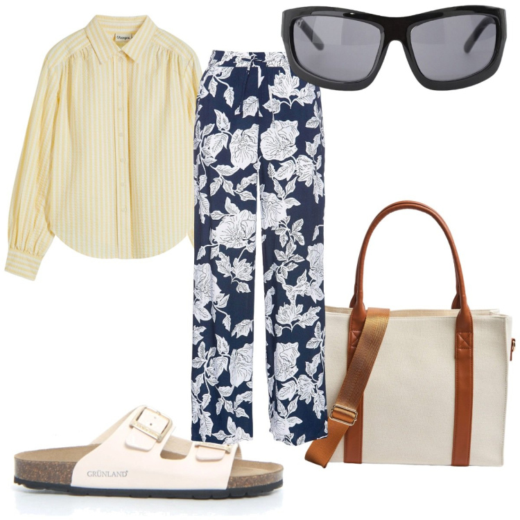 Outfit donna - Total look #2191037. Stile Trendy per Tutti i giorni. Abbinamento con pantaloni a palazzo, camicie, shopping bag, occhiali da sole, ciabatte.