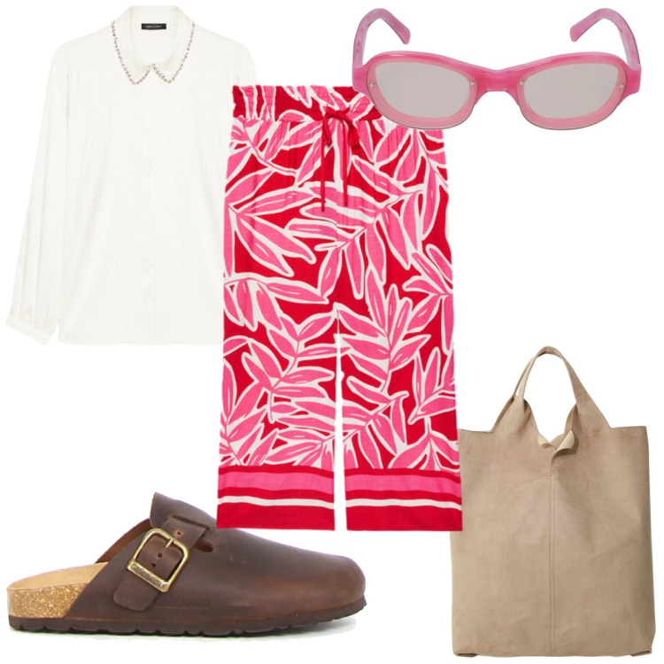 Outfit donna - Total look #2191038. Stile Trendy per Tutti i giorni. Abbinamento con shopping bag, pantaloni a palazzo, camicie, ciabatte, occhiali da sole.
