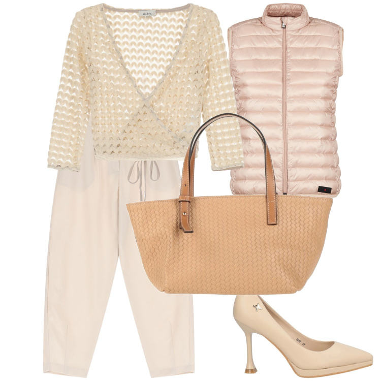 Outfit donna - Ton sur ton per il pomeriggio. Stile Bon Ton per Tutti i giorni. Abbinamento con décolleté, borse a mano, top, pantaloni, piumini.