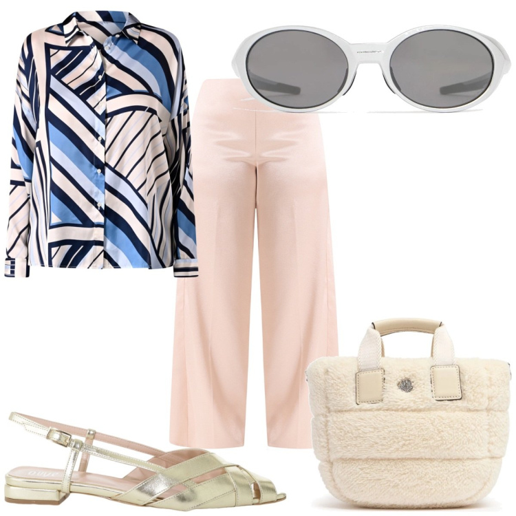 Outfit donna - Total look #2191043. Stile Trendy per Tutti i giorni. Abbinamento con camicie, pantaloni a palazzo, sandali, borse tote, occhiali da sole.