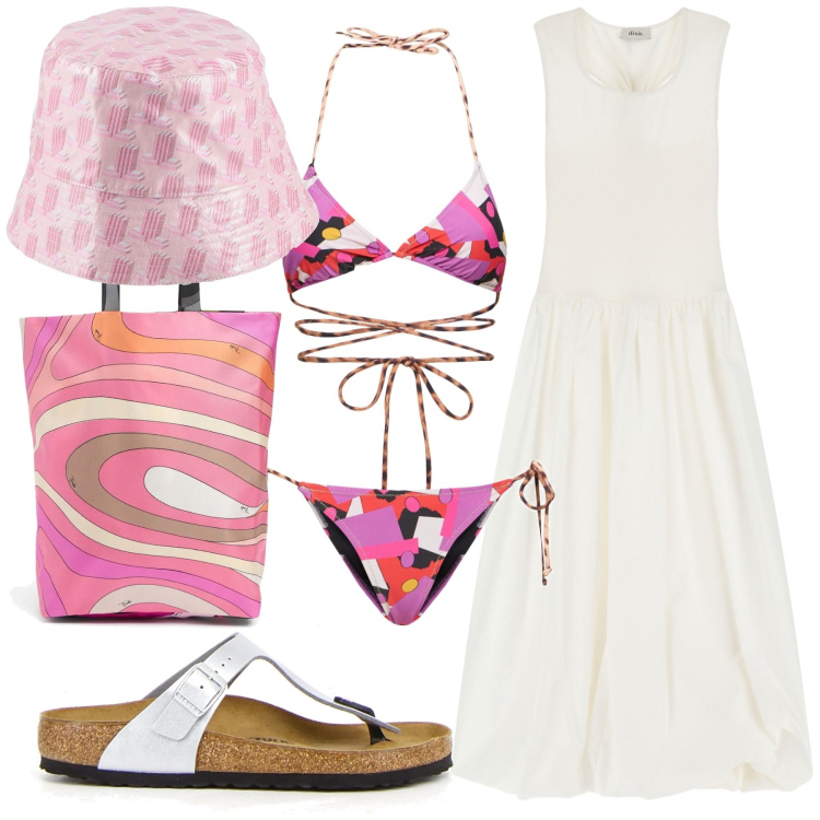 Outfit donna - Copricostume bianco. Stile Glamour per Mare. Abbinamento con cappelli, vestiti midi/longuette, shopping bag, infradito, bikini.