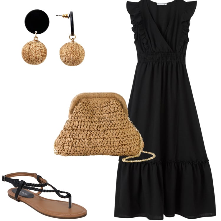 Outfit donna - Serata con amici. Stile Casual chic per Serata fuori. Abbinamento con borse a tracolla, orecchini, vestiti lunghi, ciabatte.