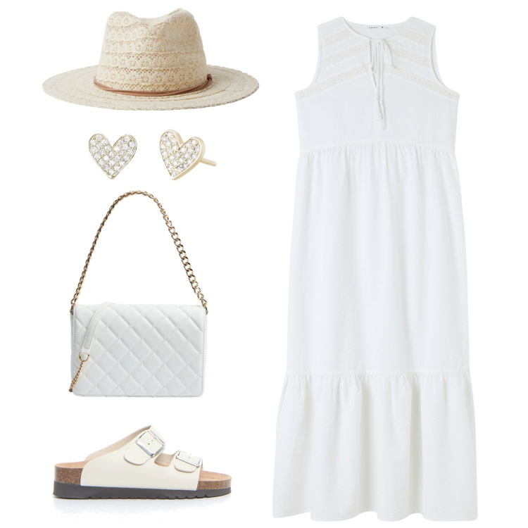 Outfit donna - Tutto bianco. Stile Boho per Tutti i giorni. Abbinamento con vestiti midi/longuette, cappelli, borse a tracolla, orecchini, ciabatte.
