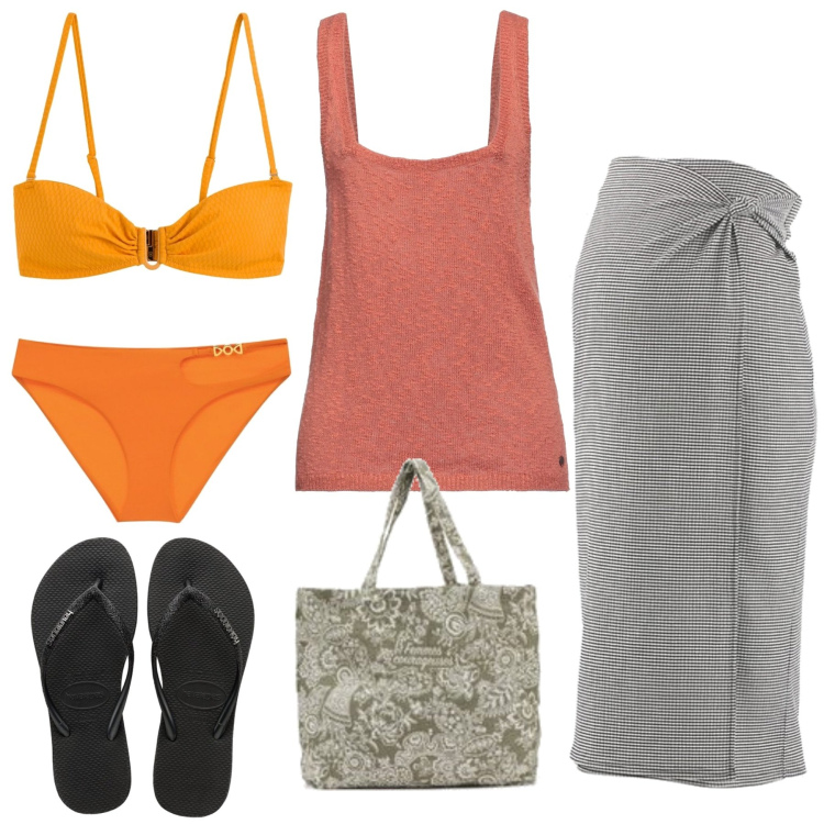 Outfit mujer - Casual #7164. Estilo Casual para Mar. Combinación con faldas largas, bikini, bolso tote, bikini, chanclas, top.