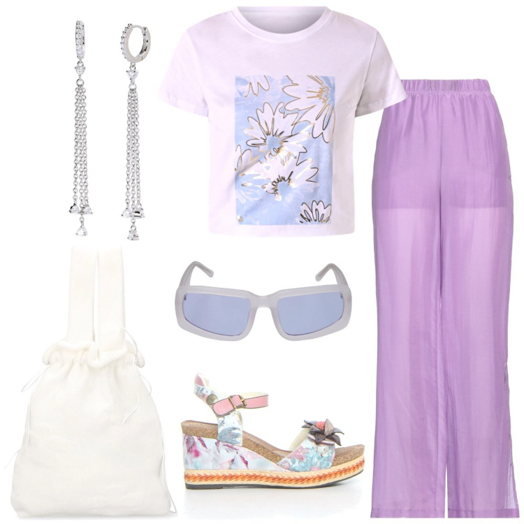 Outfit donna - In vacanza. Stile Casual chic per Tutti i giorni. Abbinamento con pantaloni, orecchini, t-shirt, occhiali da sole, borse a mano, sandali.