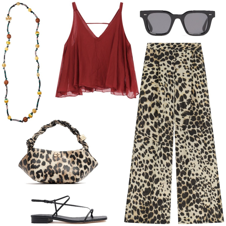 Outfit donna - Serata estiva. Stile Trendy per Serata fuori. Abbinamento con collane, pantaloni a palazzo, top, sandali in pelle, borse a mano, occhiali da sole.