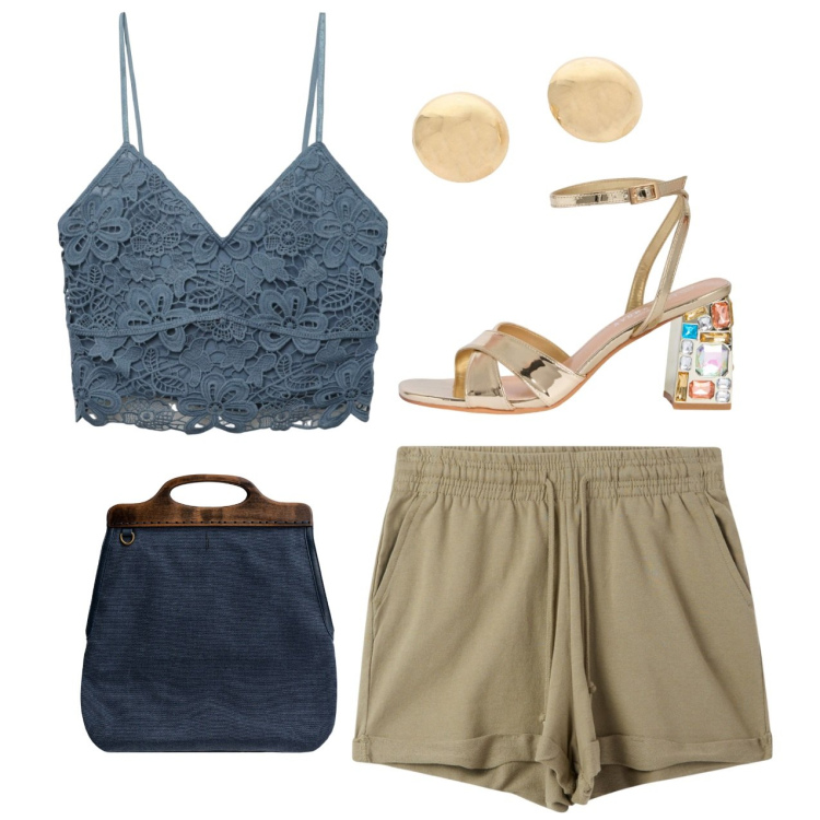 Outfit donna - Il pizzo avion. Stile Chic per Serata fuori. Abbinamento con shorts, top, sandali gioiello, orecchini, borse a tracolla.