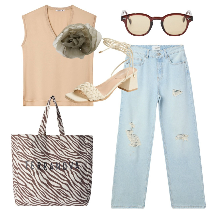 Outfit donna - Un fiore in tulle. Stile Casual chic per Tutti i giorni. Abbinamento con jeans strappati, borse tote, sandali alla schiava, top, occhiali da sole, foulard.
