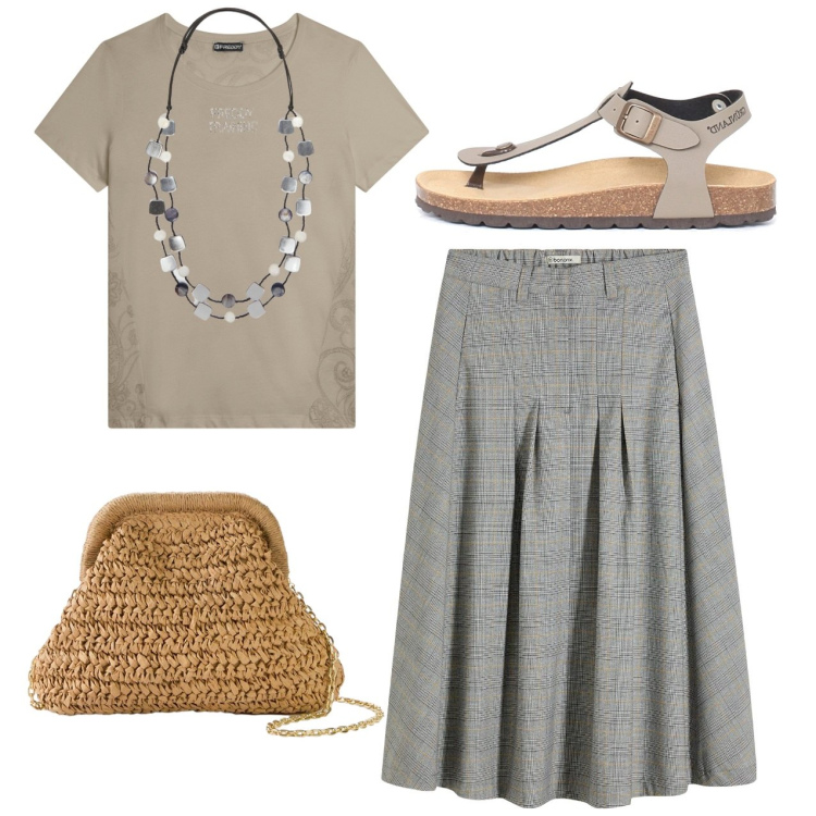 Outfit donna - Il Galles estivo. Stile Bon Ton per Tutti i giorni. Abbinamento con borse a tracolla, gonne, t-shirt, collane, sandali.