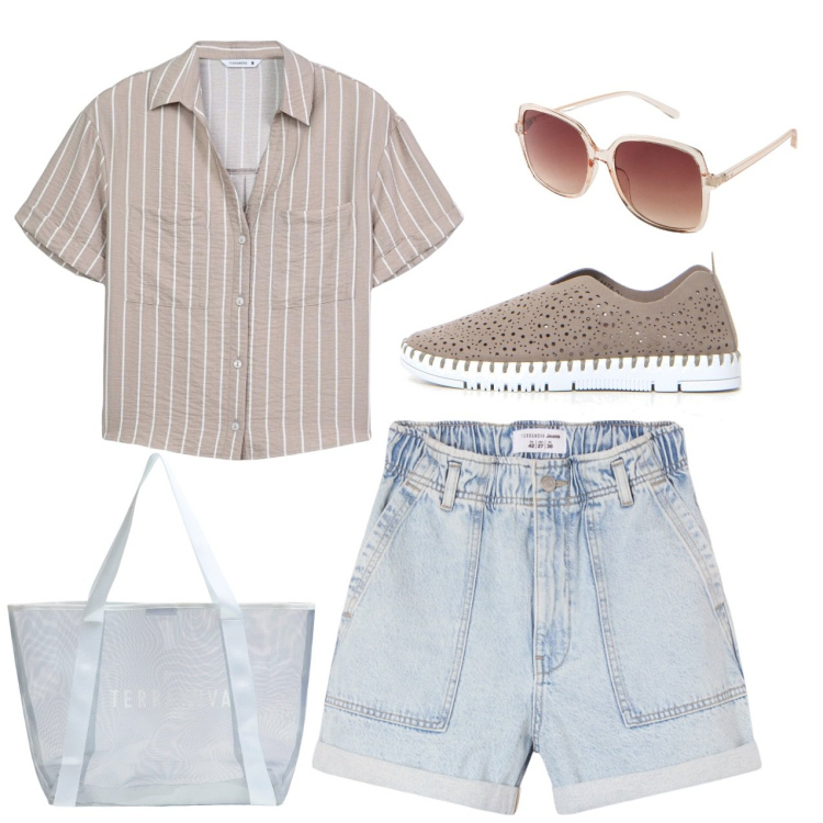 Outfit donna - Shorts. Stile Basic per Tutti i giorni. Abbinamento con occhiali da sole, camicie a manica corta, shorts, shopping bag, sneakers.