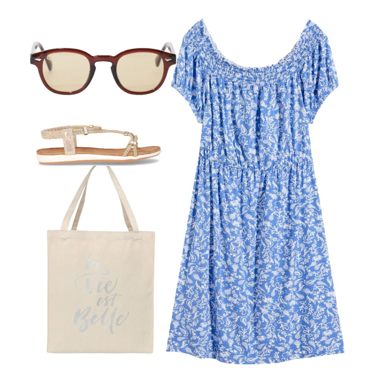 Outfit donna - Al mercatino. Stile Bon Ton per Tutti i giorni. Abbinamento con vestiti, borse tote, occhiali da sole, sandali in pelle.