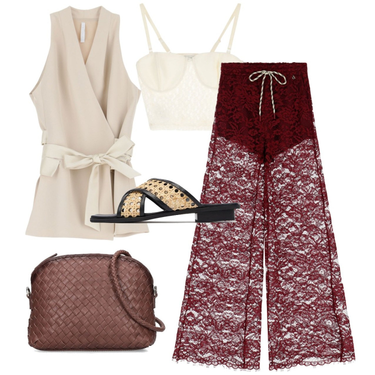Outfit donna - Insolito. Stile Chic per Tutti i giorni. Abbinamento con gilet, top, pantaloni, sandali in pelle, borse a spalla.