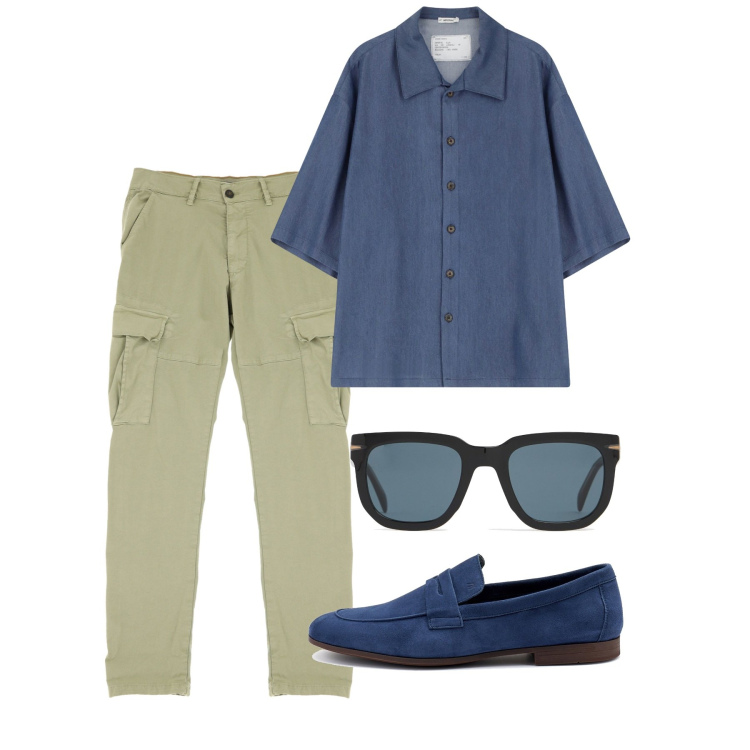 Outfit uomo - Giugno. Stile Casual per Tutti i giorni. Abbinamento con camicie a manica corta, pantaloni cargo, scarpe stringate, occhiali da sole.