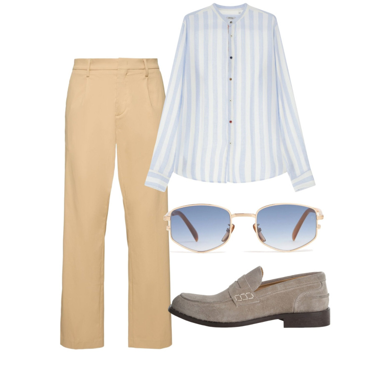 Outfit uomo - Coreana a righe. Stile Casual per Tutti i giorni. Abbinamento con camicie, scarpe stringate, pantaloni, occhiali da sole.