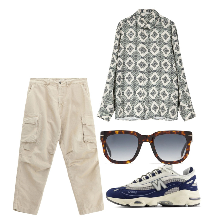 Outfit uomo - Giugno. Stile Casual per Tutti i giorni. Abbinamento con sneakers, camicie, pantaloni cargo, occhiali da sole.