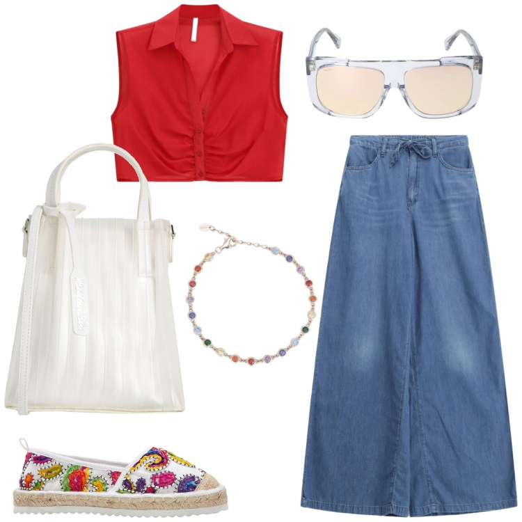 Outfit donna - Tempo libero. Stile Casual per Tutti i giorni. Abbinamento con espadrillas, borse a mano, braccialetti, top, jeans, occhiali da sole.